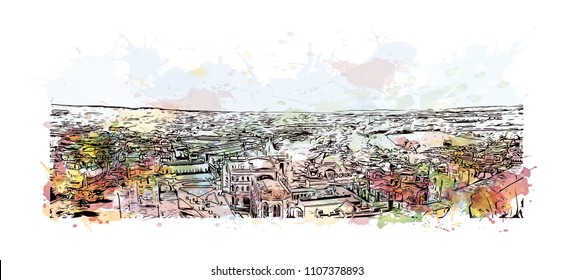 Windsor is a town on the River Thames in southeast England, just west of London. Watercolor splash with Hand drawn sketch illustration in vector.