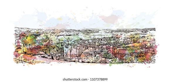 Windsor is a town on the River Thames in southeast England, just west of London. Watercolor splash with Hand drawn sketch illustration in vector.