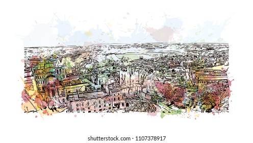 Windsor is a town on the River Thames in southeast England, just west of London. Watercolor splash with Hand drawn sketch illustration in vector.