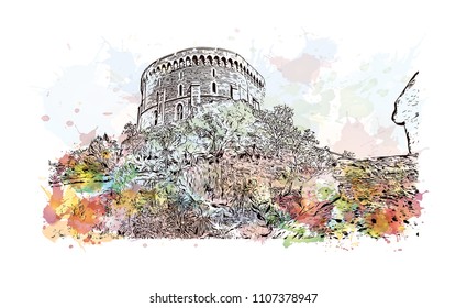 Windsor is a town on the River Thames in southeast England, just west of London. Watercolor splash with Hand drawn sketch illustration in vector.