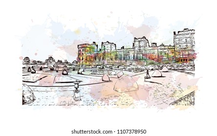 Windsor is a town on the River Thames in southeast England, just west of London. Watercolor splash with Hand drawn sketch illustration in vector.