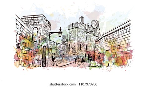 Windsor is a town on the River Thames in southeast England, just west of London. Watercolor splash with Hand drawn sketch illustration in vector.