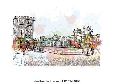 Windsor is a town on the River Thames in southeast England, just west of London. Watercolor splash with Hand drawn sketch illustration in vector.