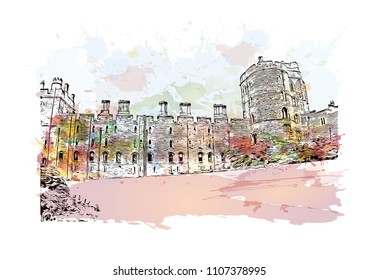 Windsor is a town on the River Thames in southeast England, just west of London. Watercolor splash with Hand drawn sketch illustration in vector.