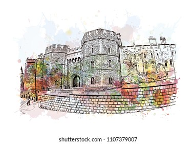 Windsor is a town on the River Thames in southeast England, just west of London. Watercolor splash with Hand drawn sketch illustration in vector.