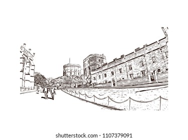 Windsor is a town on the River Thames in southeast England, just west of London. Hand drawn sketch illustration in vector.
