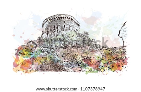 Windsor is a town on the River Thames in southeast England, just west of London. Watercolor splash with Hand drawn sketch illustration in vector.