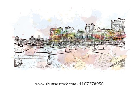 Windsor is a town on the River Thames in southeast England, just west of London. Watercolor splash with Hand drawn sketch illustration in vector.