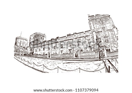 Windsor is a town on the River Thames in southeast England, just west of London. Hand drawn sketch illustration in vector.
