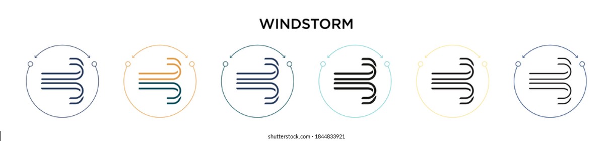 Icono de tormenta de viento en estilo relleno, delgado, contorno y trazo. Ilustración vectorial de dos iconos vectores de tormenta de viento de color y negro se puede utilizar para móviles, ui, web