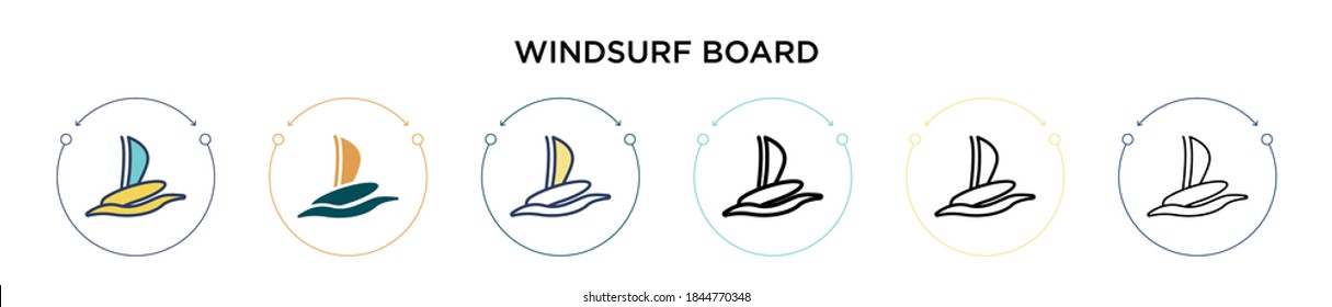 Windsurf board icon in filled, thin line, outline and stroke style. Vector illustration of two colored and black windsurf board vector icons designs can be used for mobile, ui, web