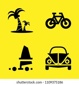 windsurf, car, bicycle and coconut trees vector icon set. Sample icons set for web and graphic design
