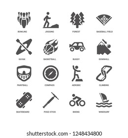 Windsurf, Downhill, Buggy, Skateboard, Climbing, Bowling, Kayak, Paintball, Biking, Pogo stick, Forest icon 16 set EPS 10 vector format. Icons optimized for both large and small resolutions.