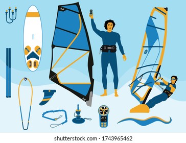Windsurf elements on blue background.
 Isolated objects. Windsurfer, board, sail, mast, boom, hinge, fin,  harness lines