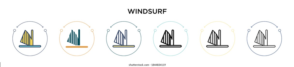Windsurf icon in filled, thin line, outline and stroke style. Vector illustration of two colored and black windsurf vector icons designs can be used for mobile, ui, web
