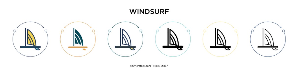 Windsurf icon in filled, thin line, outline and stroke style. Vector illustration of two colored and black windsurf vector icons designs can be used for mobile, ui, web