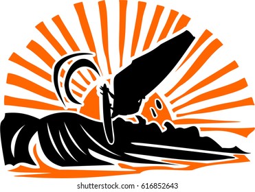 Windsurf rider on the top of the wave