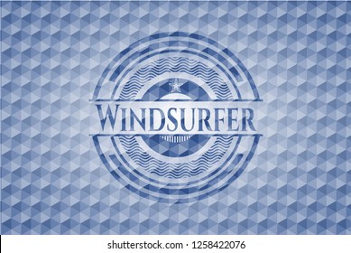 Windsurfer blue badge with geometric pattern.