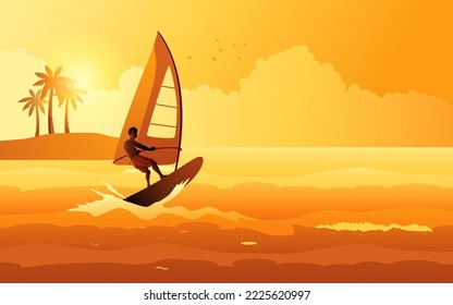 Windsurfer, extreme sport, leisure and hobby, vector illustration