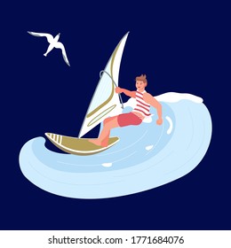 Windsurfer man in sea wave, extreme sport, surfing and sail concept on the dark blue background. Flat Art Vector illustration