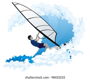 Windsurfer on the big wave, isolated on white