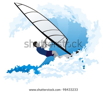Windsurfer on the big wave, isolated on white