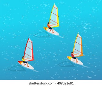 Windsurfer on a board for windsurfing. Creative vacation concept. Water Sports.  Fun in the ocean. Extreme Sport. Flat 3d vector isometric illustration.