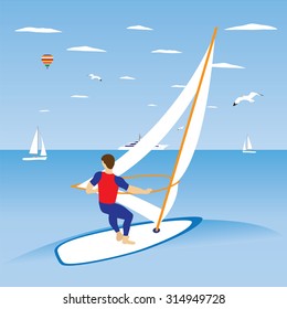 Windsurfer on ocean wave. Illustration, elements for design.