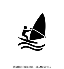 Windsurfer on Wave with Tilted Sail - Black Icon with Sharp Lines