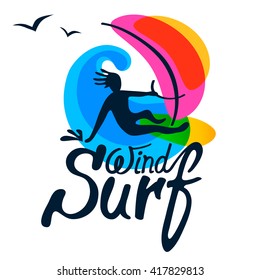 Windsurfer on windsurfing board with sail, big wave and seagull on white background, logo vector template. Cartoon, flat style, silhouette, lettering.