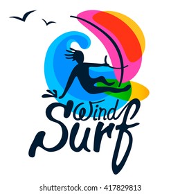 Windsurfer on windsurfing board with sail, big wave and seagull on white background, logo vector template. Cartoon, flat style, silhouette, lettering.