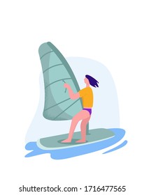 Windsurfer racing through the waves. Extreme surfer concept sailing, windsurfing, water active sport. Vector drawing in flat style.