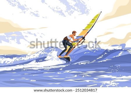 Windsurfer riding waves on ocean under cloudy sky dynamic water sports scene vibrant colors outdoor activity