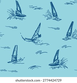 Windsurfer, seamles pattern, vector sketch illustration