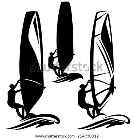 windsurfer silhouette design element - black and white vector collection