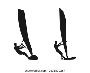 Windsurfer silhouette vector icon. windsurfer silhouette design element, black and white vector collection. Water sports, beach, extreme. The silhouettes are isolated on a white background.
