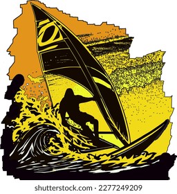 Windsurfer silhouette. Vector image. Sea waves.