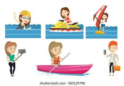 Windsurfer windsurfing in the sea. Woman standing on the board with sail and learning to windsurf. Windsurfer training on water. Set of vector flat design illustrations isolated on white background.