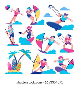 Windsurfers Happy people kitesurfers sailor characters in the sea flat line vector illustration. Kitesurfers and windsurfers surfing,summer vacation, extreme sport experience, surfboards and beach.