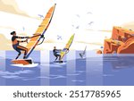 Windsurfers on ocean near cliffs and seagulls in sky colorful dynamic water sport scene coastal landscape