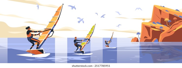 Windsurfistas en el océano cerca de acantilados con palmeras y gaviotas en el paisaje de aventura de deportes acuáticos del cielo