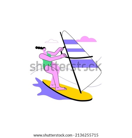 Windsurfing abstract concept vector illustration. Water sport, extreme lifestyle, sea adventure, kite surfing, ocean wave, beach holiday, sailboarding athlete, tropical wind abstract metaphor.