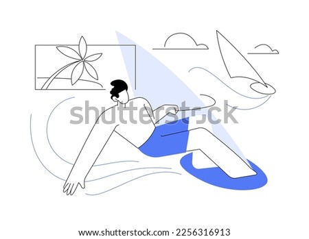 Windsurfing abstract concept vector illustration. Water sport, extreme lifestyle, sea adventure, kite surfing, ocean wave, beach holiday, sailboarding athlete, tropical wind abstract metaphor.