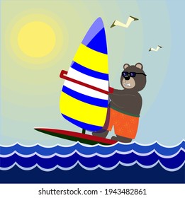 Windsurfing. Bear windsurfer. Water sports of extreme sports, summer rest on water. Colorful vector illustration.