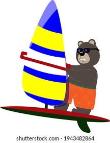 Windsurfing. Bear windsurfer. Water sports of extreme sports, summer rest on water. Colorful vector illustration.