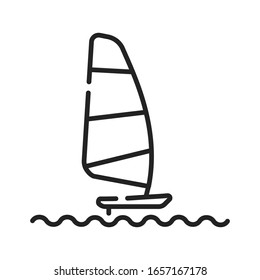 Windsurfing black line icon. Surface water sport. Combines elements of surfing and sailing. Pictogram for web page, mobile app, promo. UI UX GUI design element. Editable stroke.