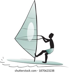 windsurfing, black and white vector icon
