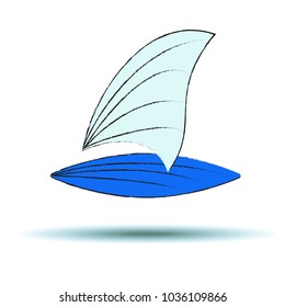 Windsurfing Board with a sail on a white background, sketch for the advertising of sport and tourism. sports rest on the ocean. illustration of sticker for decoration shop with nautical equipment
