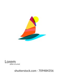 Windsurfing board with sail, wave background, logo vector template.  As sign, symbol, web, label. Vector illustration.