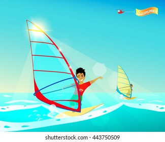 Windsurfing. Cartoon stylized summer poster. Vector illustration. Young wind-surfer. Helicopter with "Summer" banner. Sport life. Passion.